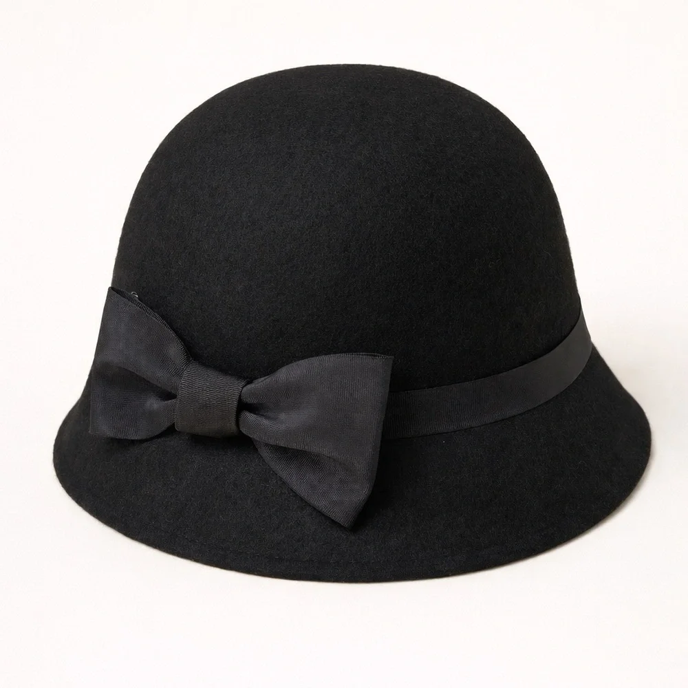Kate Spade New York Black Wool Cloche Hat with Bow Vintage Inspired